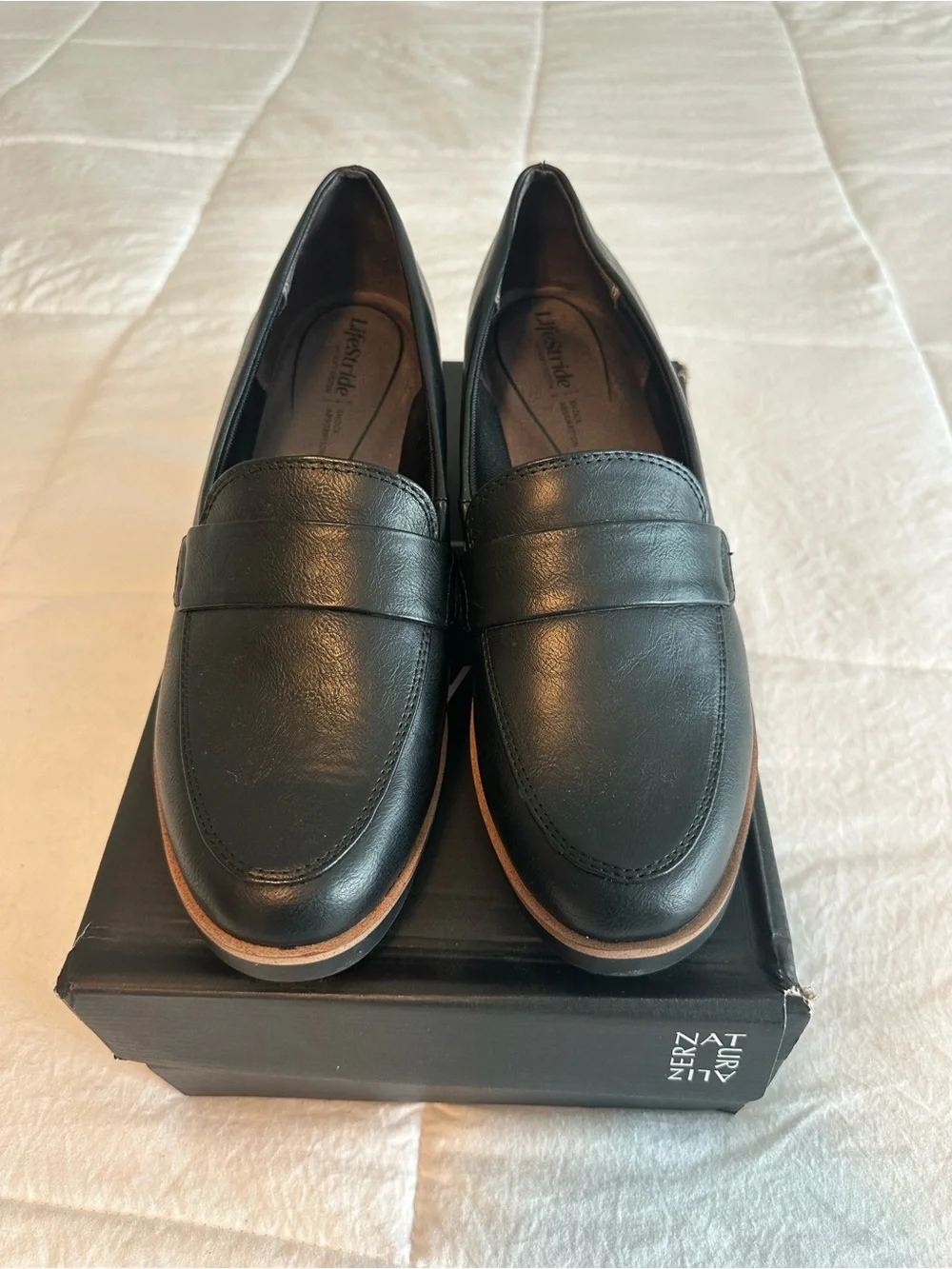 Naturalizer Black Wedge Penny Loafers with Tan Trim